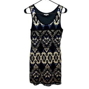 Y2K Sequin Aztek Bodycon Dress Black Gold Blue Sleeveless‎ Glam Party Night Out